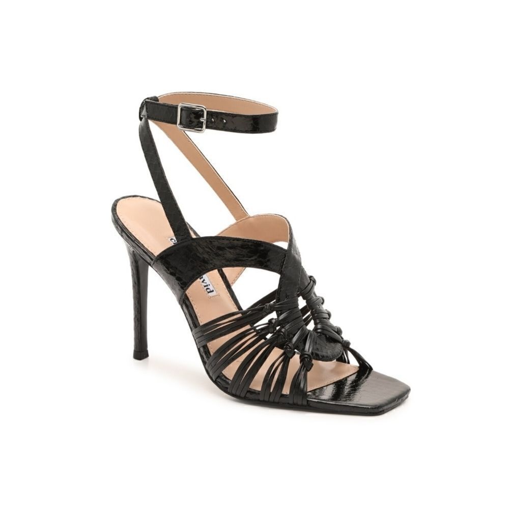Charles David Vibrant Square Toe Ankle Strap Black Leather Stiletto Heel Size 8